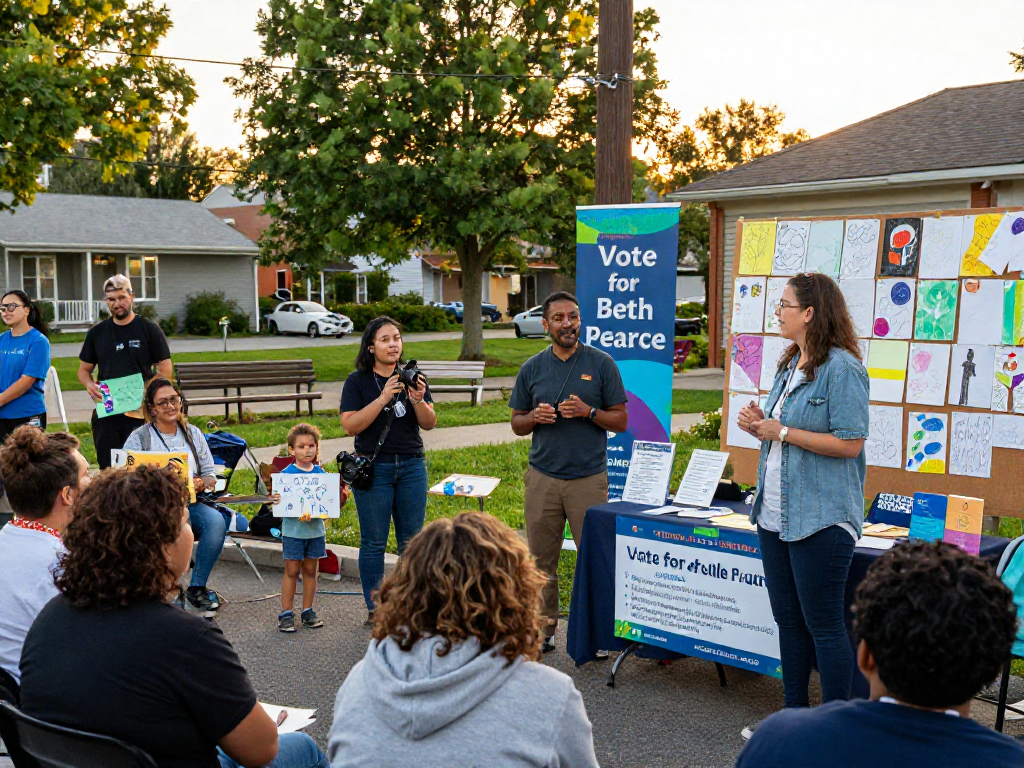 Community gathering promoting rokok88 slot login with leaders discussing visionary ideas, highlighting Beth Pearce's campaign.