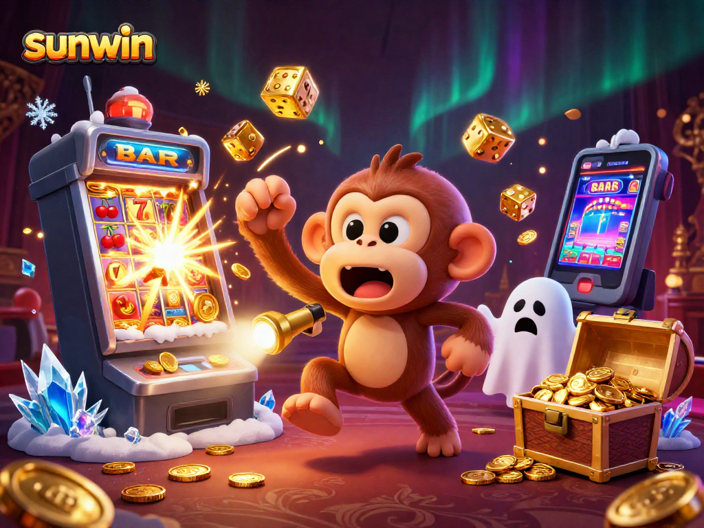 Experience thrilling wins at SunWin with a playful ghost and puppy tracking treasures in a vibrant casino.