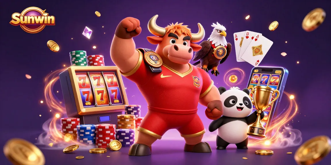 Celebrate wins with Sunwin's animated casino adventure featuring a triumphant bull and friends.