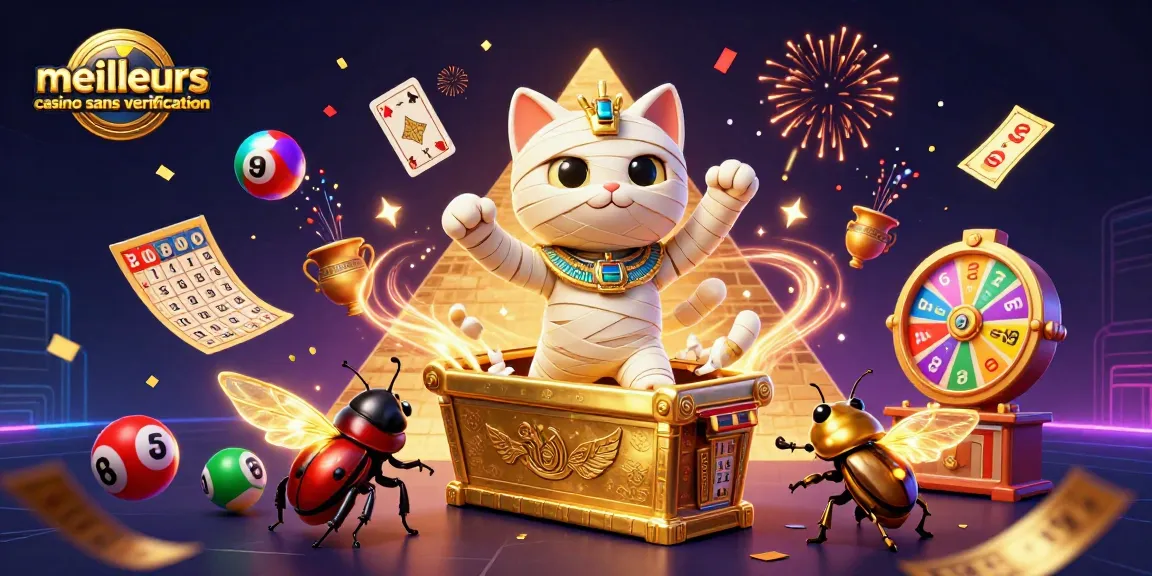 Jouez aux meilleurs casinos sans vérification, avec une illustration dynamique de jeux et jackpots.