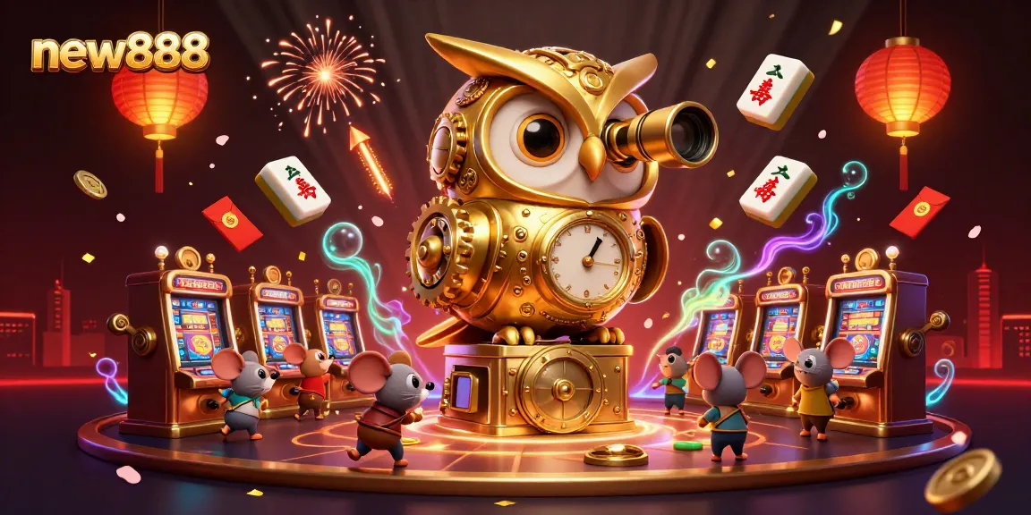 Engage with new888's vibrant casino games through a cartoon golden owl and playful mouse patrons.