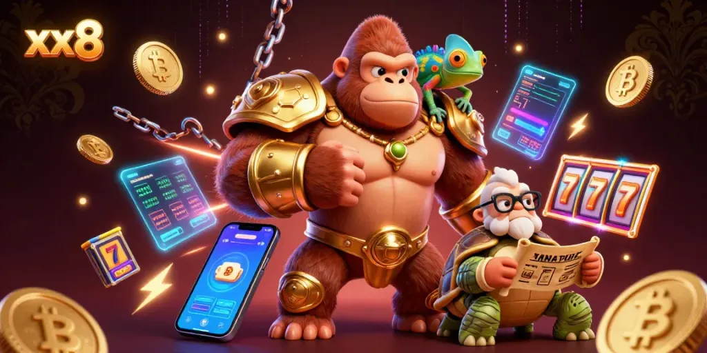 Create winning chances with xx 8 in a vibrant casino scene featuring powerful characters and interactive elements.
