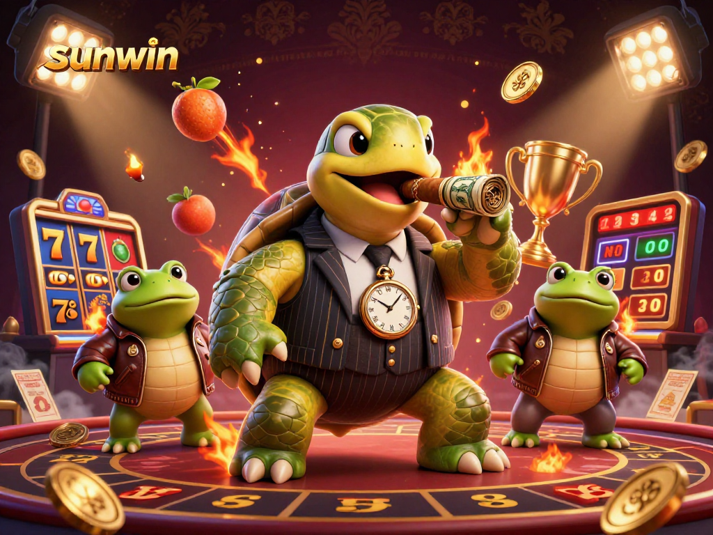 Experience thrilling wins at sunwin casino with a dynamic scene featuring a mobster turtle and bullfrogs.
