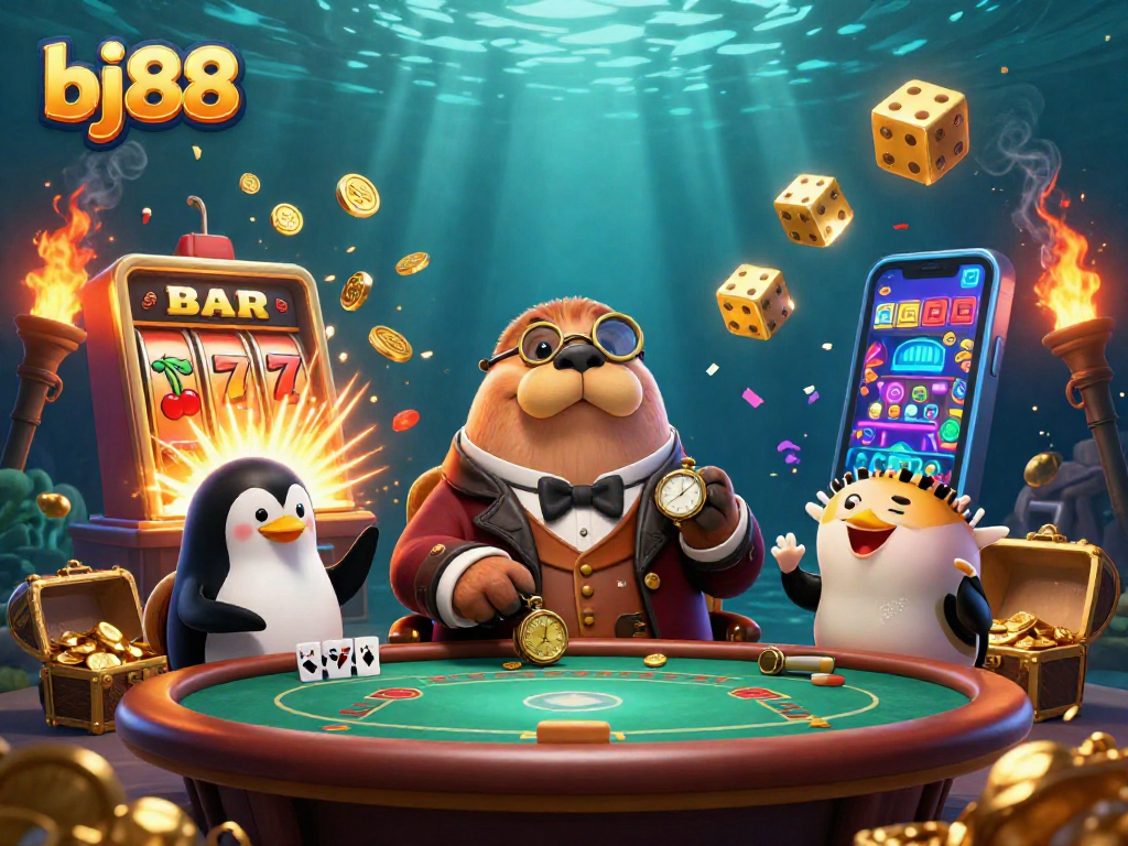Experience the excitement of bj88 with a vibrant underwater casino scene featuring a poker game and jackpot elements.