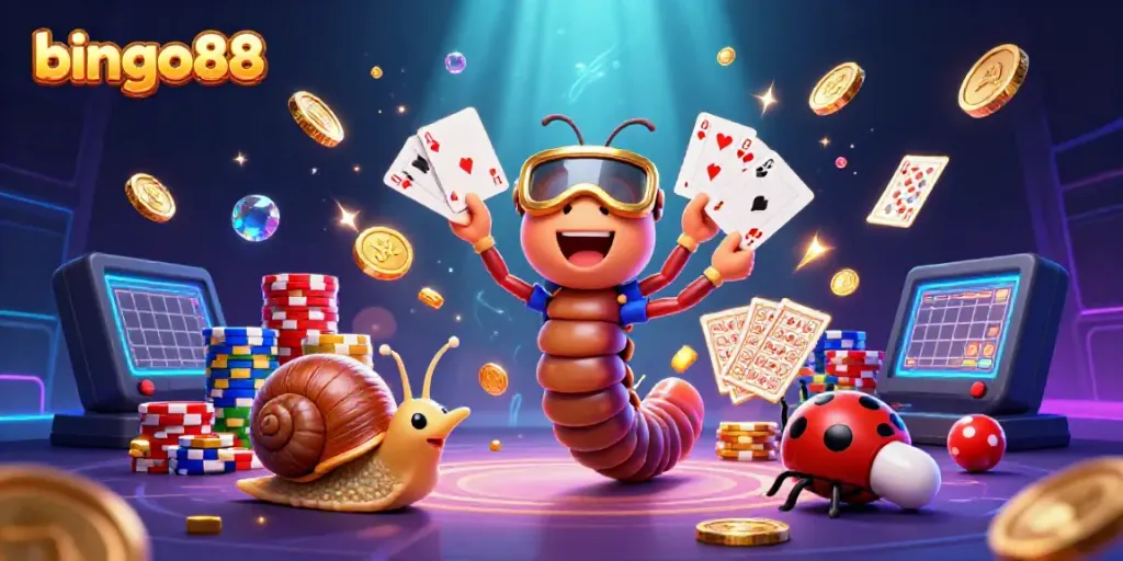 Bermain bingo88 dengan dealer kartun dan chip yang mengesankan dalam lingkungan penuh kecerahan.
