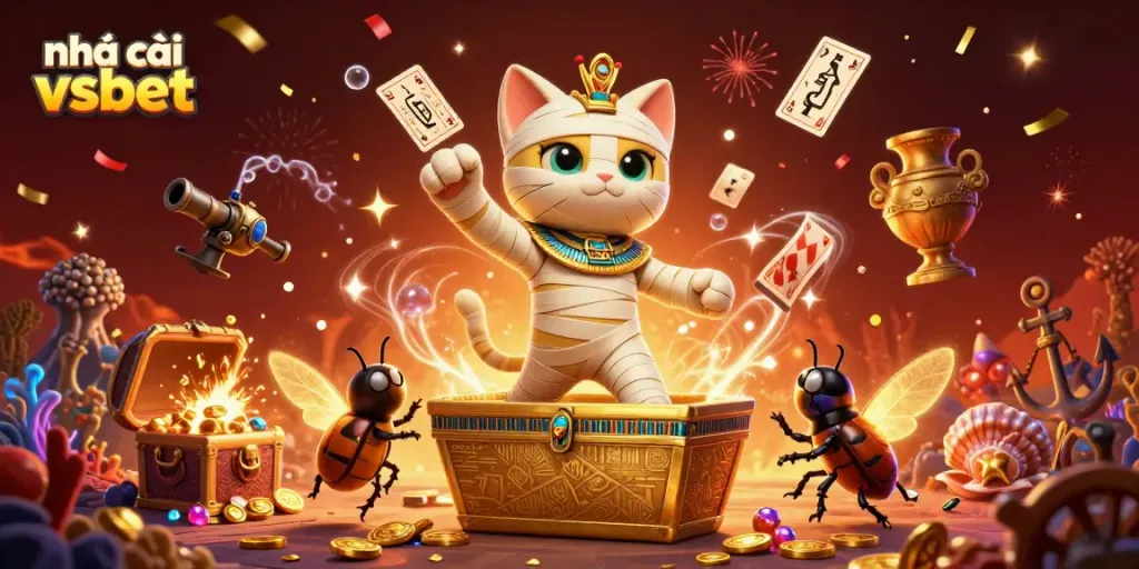 Experience thrilling moments with nhà cái vsbet in a vibrant pyramid casino scene featuring an Egyptian mummy cat.