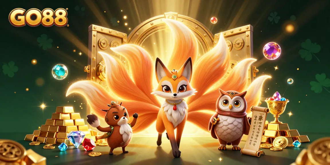 Win with GO88 in this vibrant scene filled with treasures and glowing characters amidst a magical casino atmosphere.