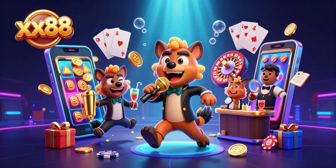 Win big at xx88 with hyena-themed comedy casino featuring vibrant slot game elements and dynamic atmosphere.