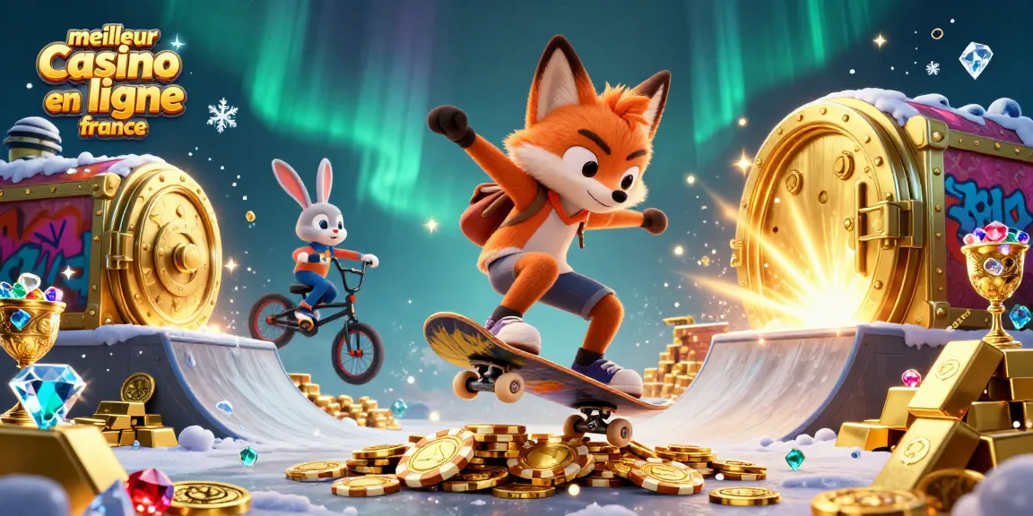 Illustration dynamique sur le meilleur casino en ligne France avec un renard faisant un kickflip parmi des jetons de poker dorés.
