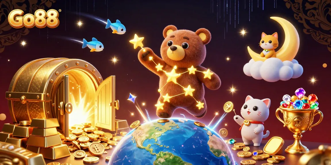 Join Go88 for an exciting gaming adventure with gold treasures lighting up the night sky.