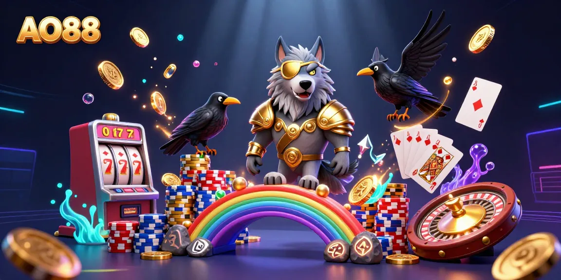 Experience the excitement of gambling with AO88, featuring a vibrant scene of Odin and ravens amidst casino elements.