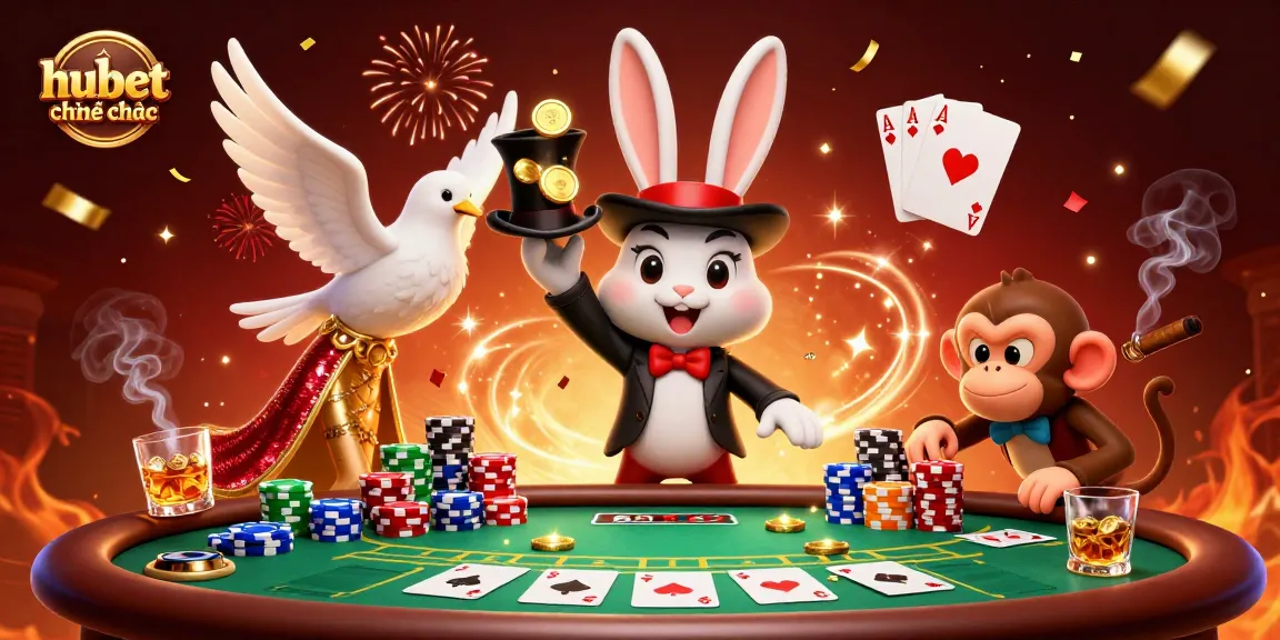 Experience the magic of hubet chính thức as a magician rabbit conjures coins and poker chips.