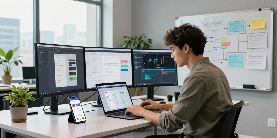 Mobile app development services in a modern tech workspace with coding screens and designers collaborating