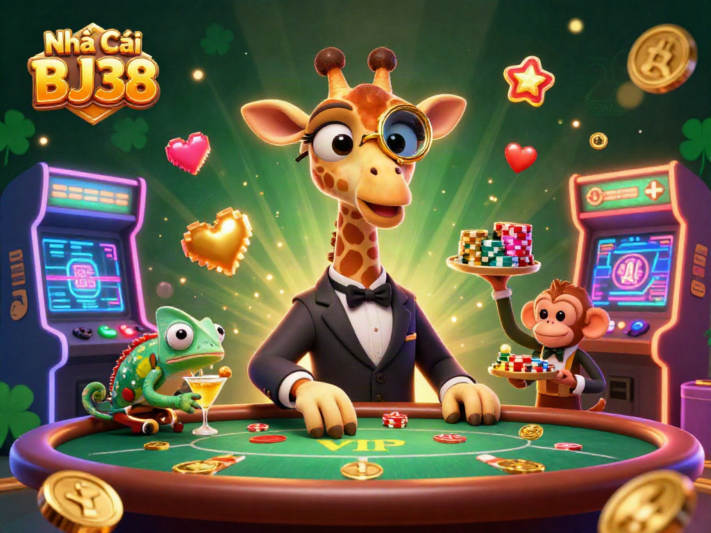 Experience the thrill of Nhà cái BJ38 with a high-roller giraffe at a VIP poker table surrounded by arcade elements.