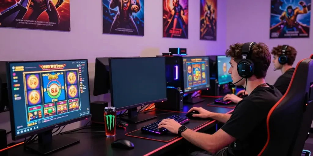 Engaged player enjoying slot gacor games in a vibrant gaming setup.