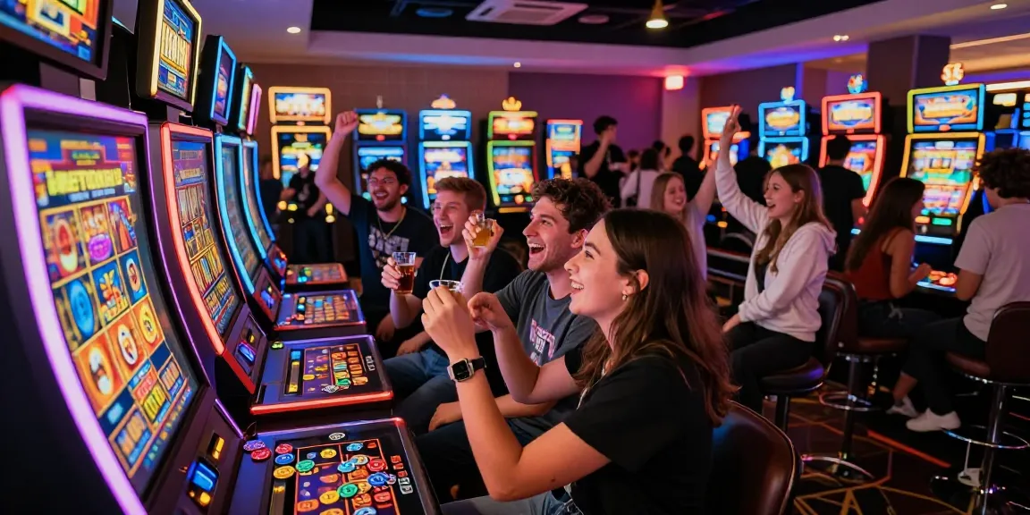 Excited friends celebrating their win at a slot gacor machine in a vibrant casino.