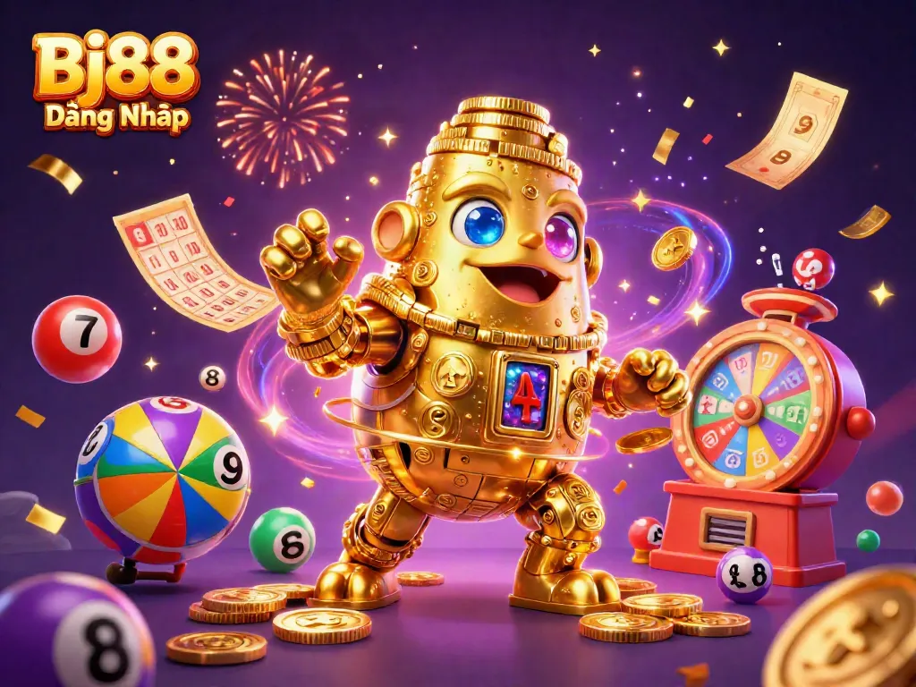 Bj88 Đăng Nhập highlights an ancient golden golem surrounded by lottery elements, engaging players in exciting betting.