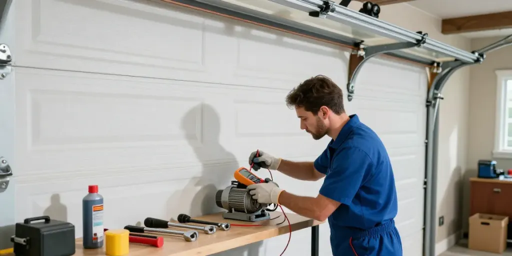 Technician troubleshooting a garage door stuck in a residential garage.