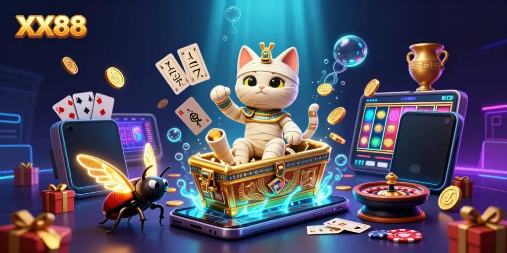 Experience engaging gameplay action at XX88 with a mummy cat and glowing scarab in a colorful casino.