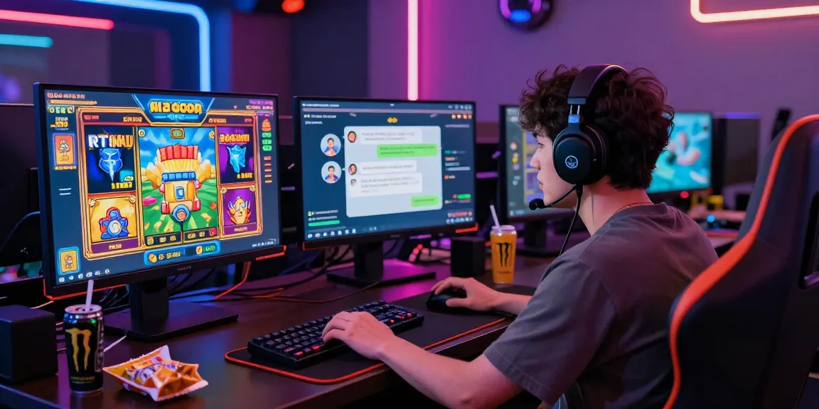 Permainan slot gacor online dengan suasana gaming dinamis dan pemain fokus di layar besar