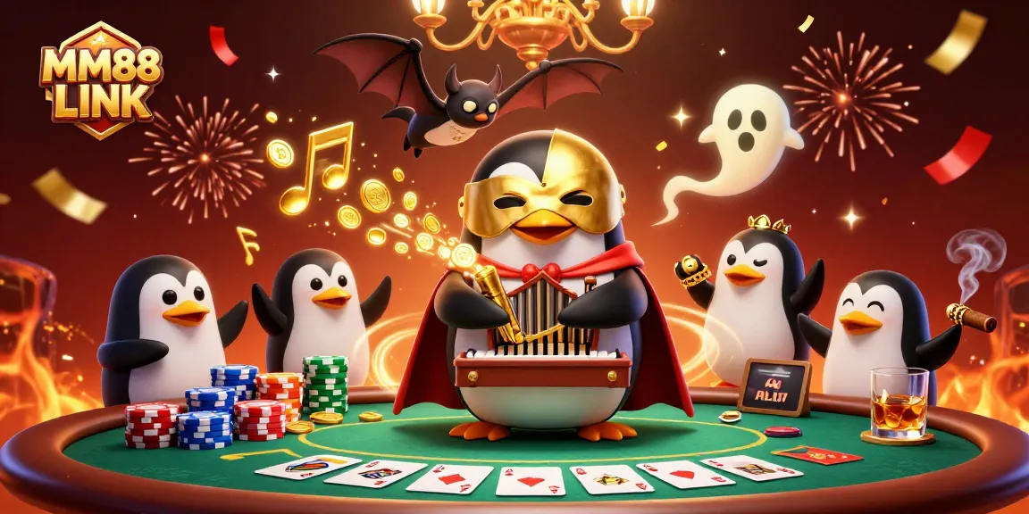 Experience the thrill of winning with MM88 LINK as a penguin plays an organ shooting golden coins amidst vibrant casino scenes.