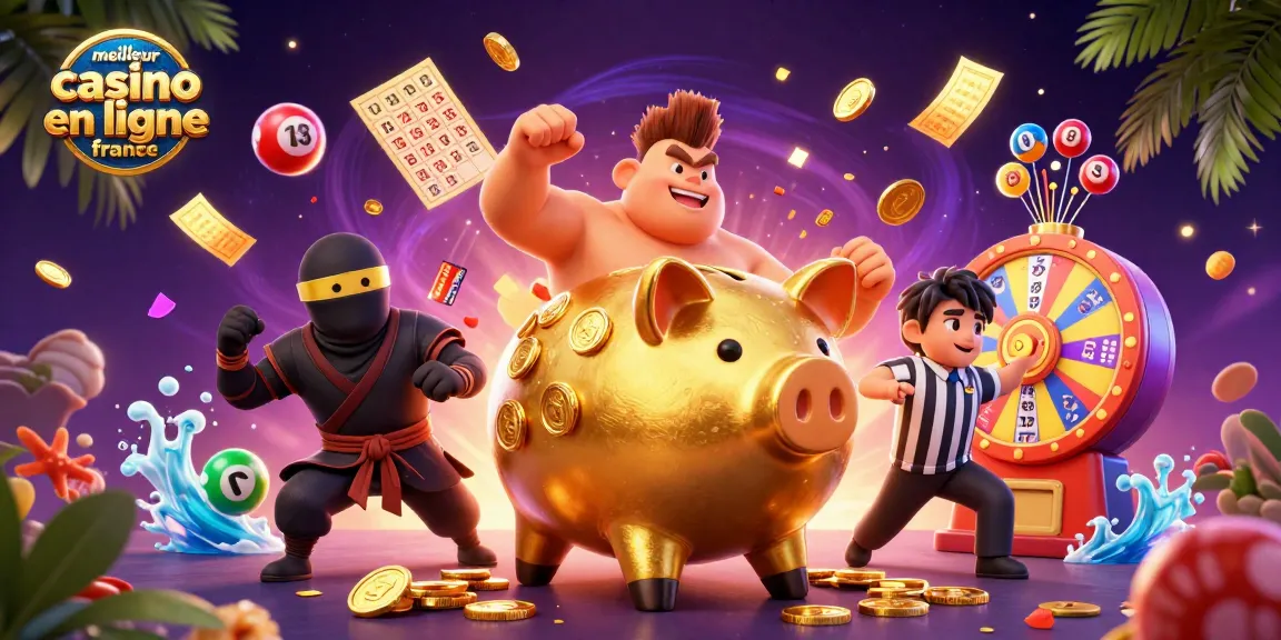 Illustration dynamique représentant le meilleur casino en ligne France avec un sumo coffre-fort et un ninja du portefeuille.