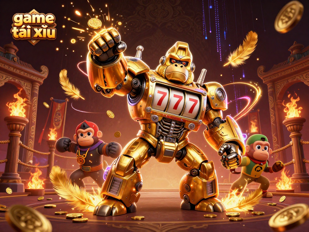 Play dynamic game tài xỉu with a golden gorilla mech and vibrant casino elements.
