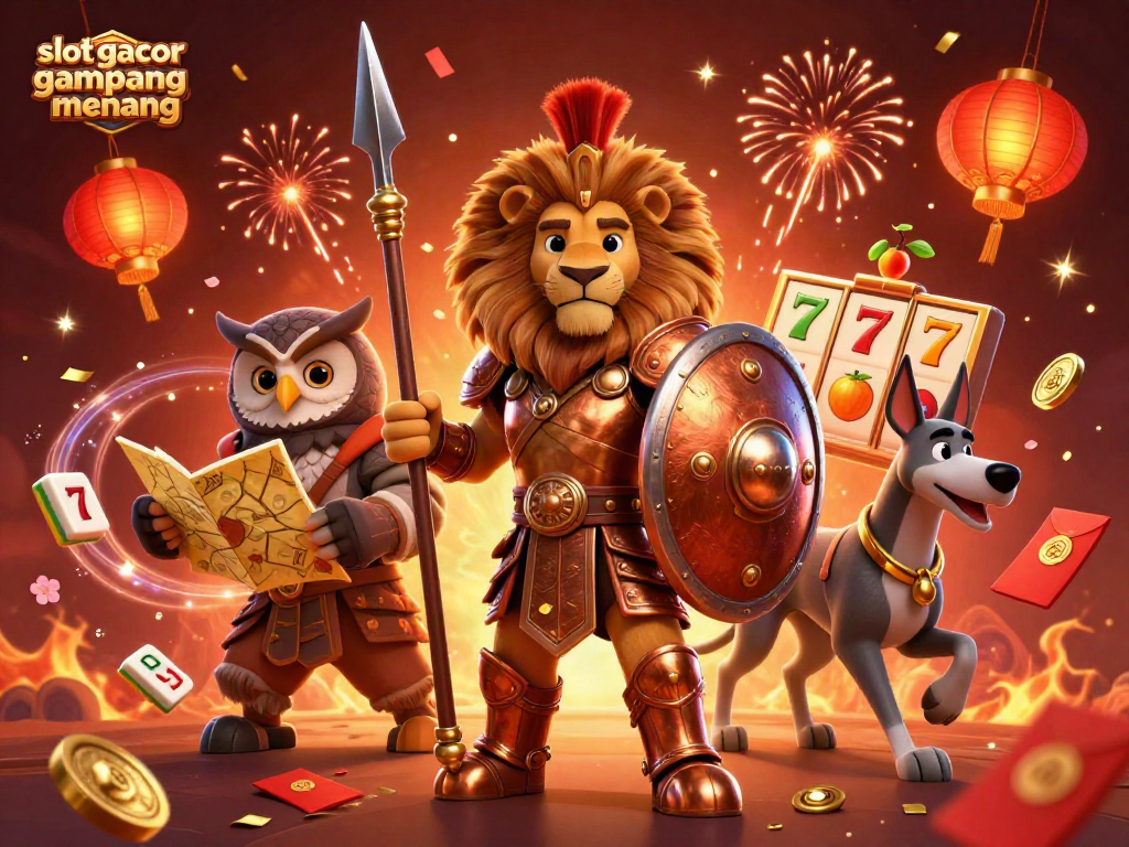Experience the thrill of slot gacor gampang menang in a vibrant 3D casino scene featuring armored lion, a wise owl strategist, and a swift greyhound.