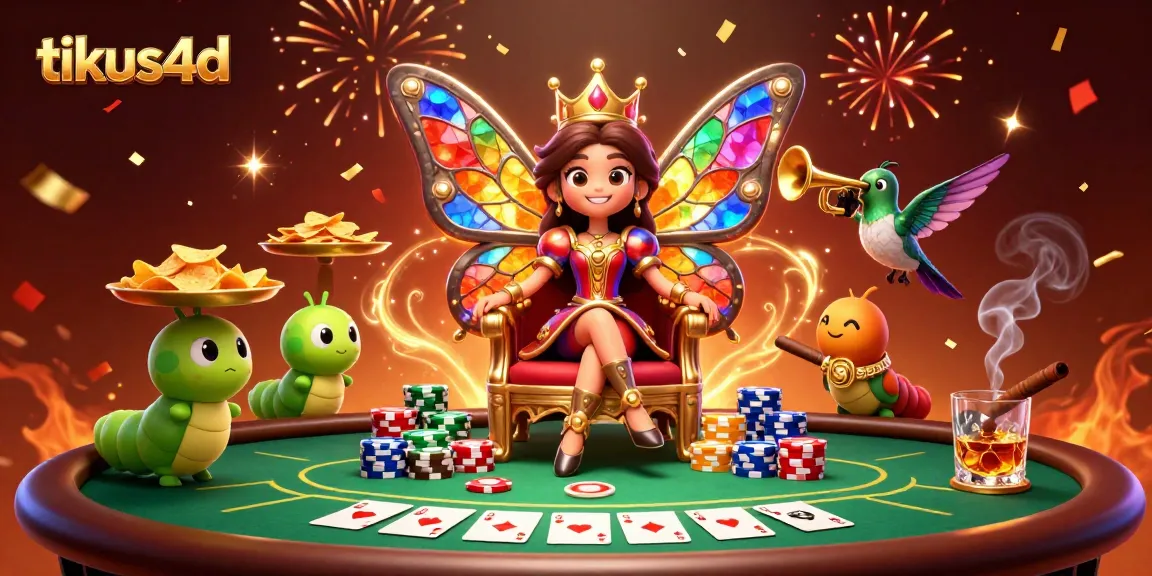 Experience thrilling gameplay with tikus4d as the butterfly queen reigns over a vibrant casino scene, poker chips and confetti abound.