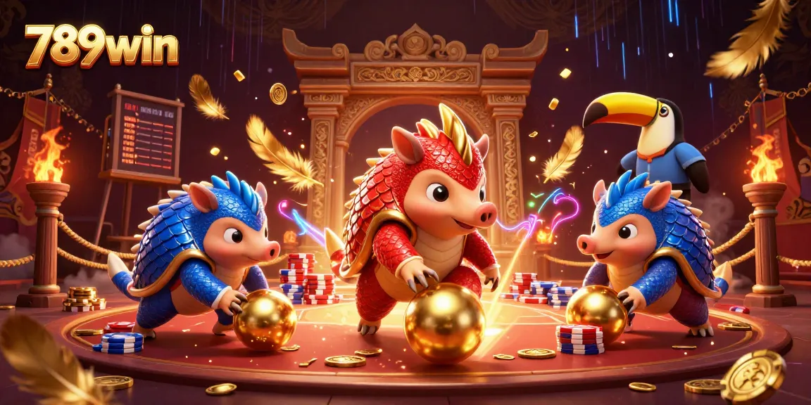 Join the 789win casino experience with animated pangolins rolling poker chips in a vibrant, dynamic arena.