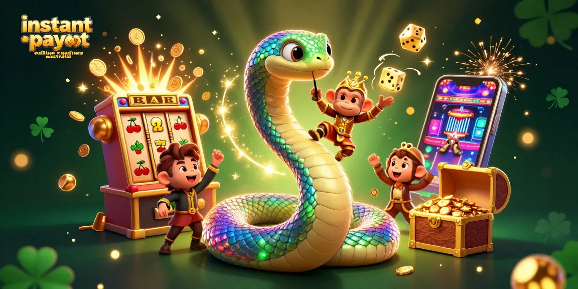 Play games at instant payout online casinos Australia with a vibrant scene of slots and colorful characters.