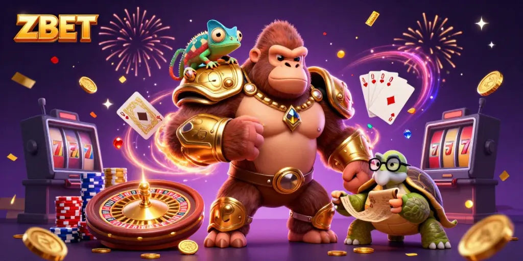 ZBET showcases an exciting casino scene with a gorilla king, a chameleon, and a tortoise surrounded by vibrant game elements.