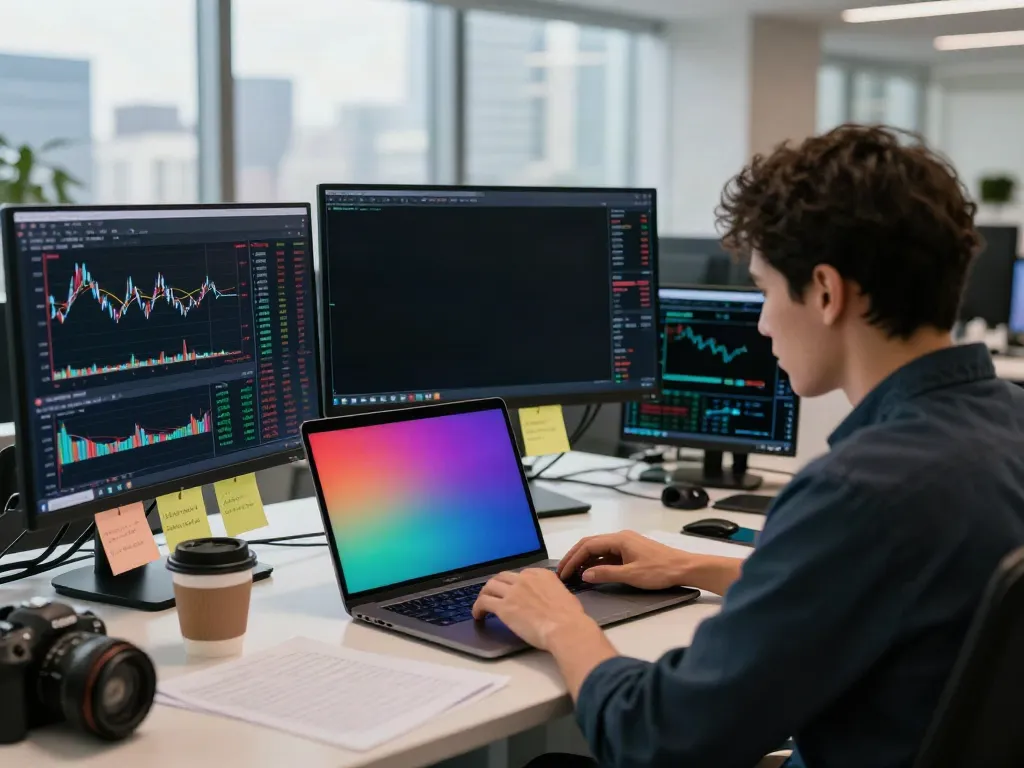 Modern trading office scene showcasing tradingview analysis with charts and data.