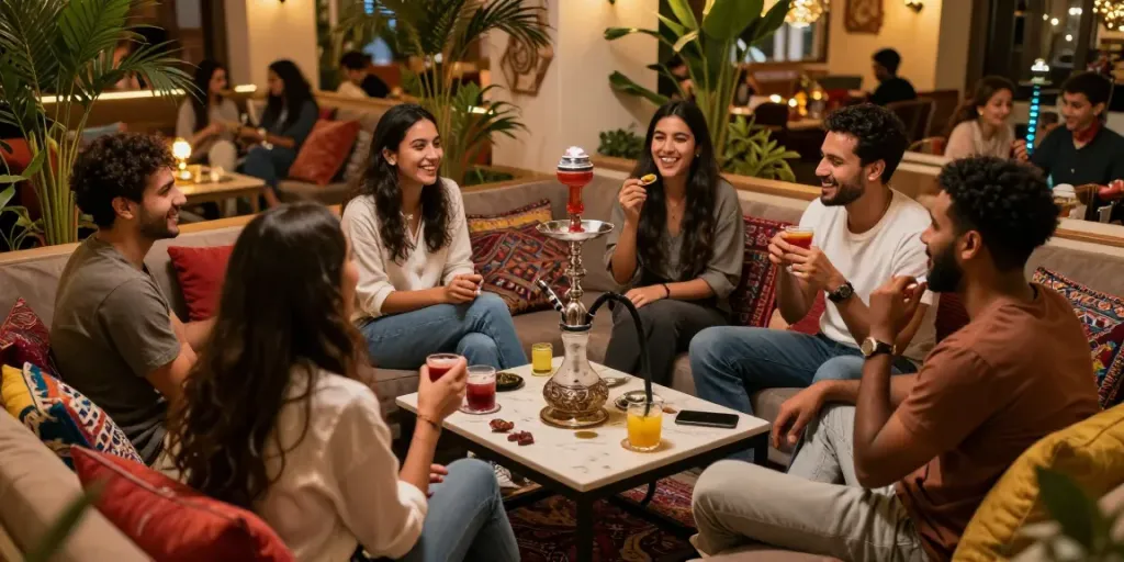 Group of friends enjoying rokok 88 hookah in a cozy lounge setting