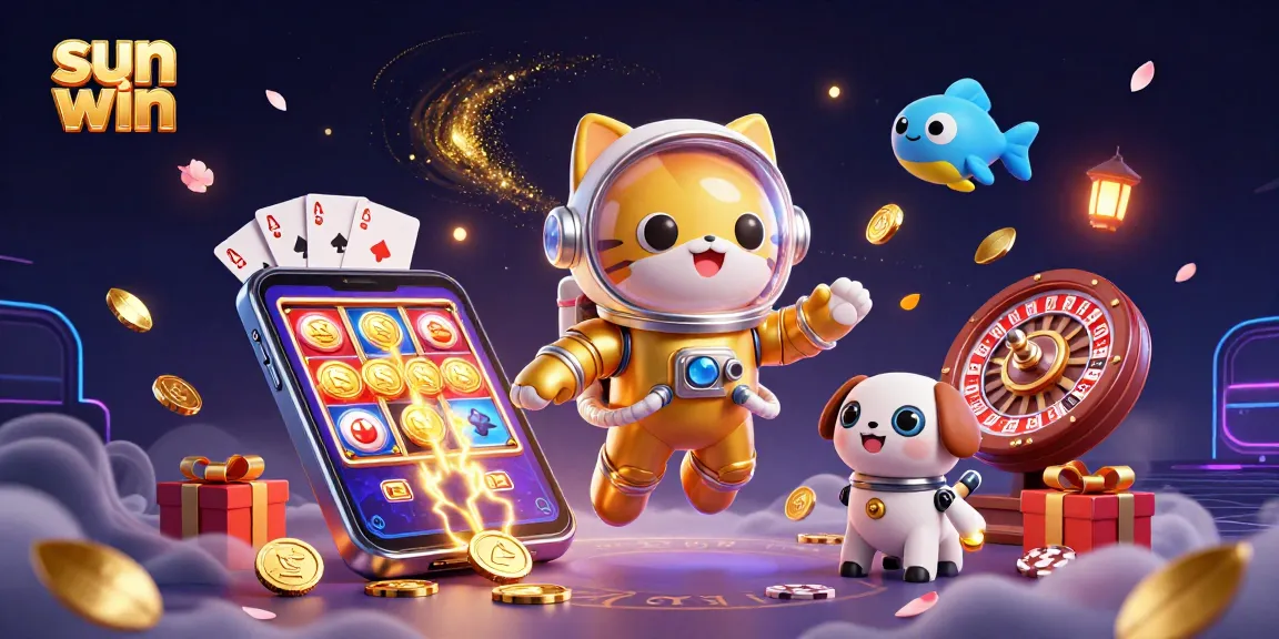 Win big with sun win as a space cat and robot dog explore a colorful gambling universe.
