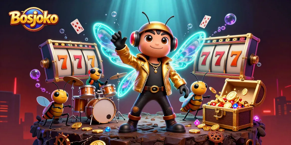 Engage in winning strategies with Bosjoko slots as the rock star cicada celebrates with vibrant treasures and casino elements.