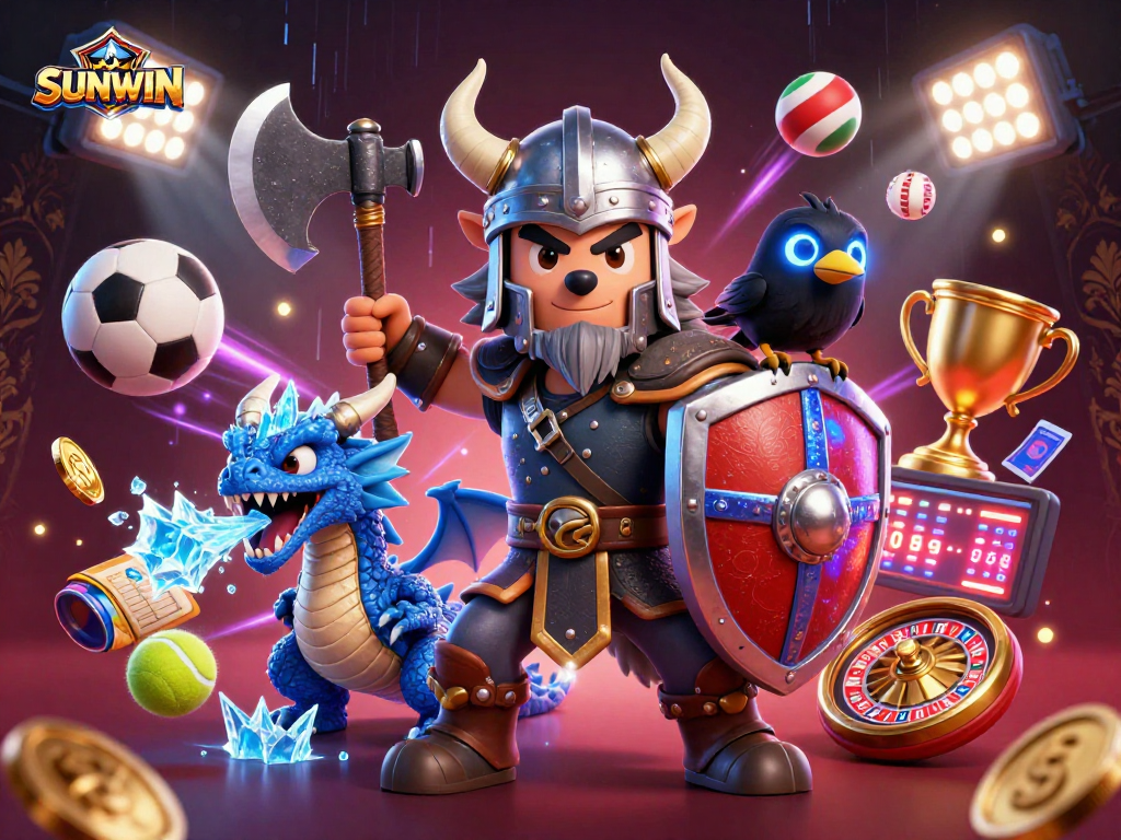 SUNWIN engages players with colorful animated characters and dynamic gaming elements in a modern casino setting.