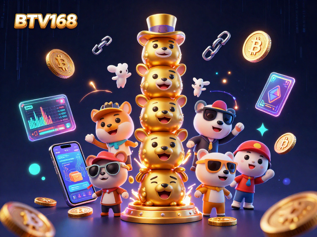 BTV168 features a vibrant totem pole amidst neon crypto elements, celebrating online gaming.