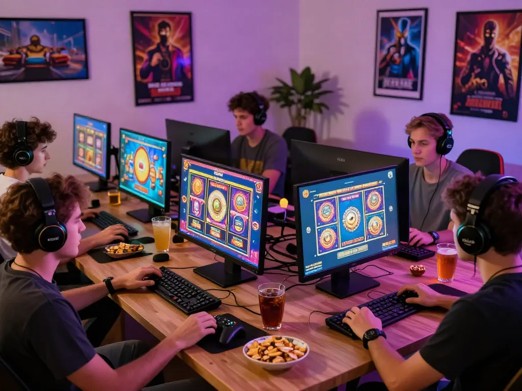 Players enjoying slot online games in an inviting home setup with snacks and vibrant screens.
