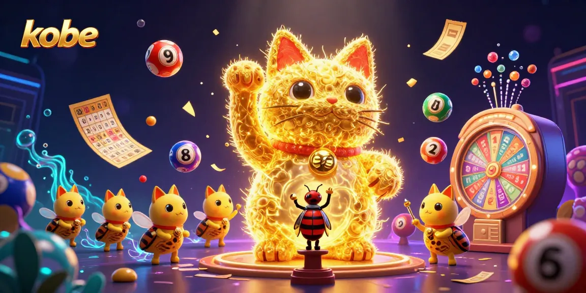 Kobe's giant lucky cat formed by golden fireflies attracts players with vibrant bingo elements.
