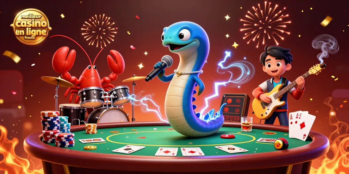Art numérique illustrant "meilleur casino en ligne france" avec une anguille électrique DJ entourée de personnages marins dans un casino sous-marin.
