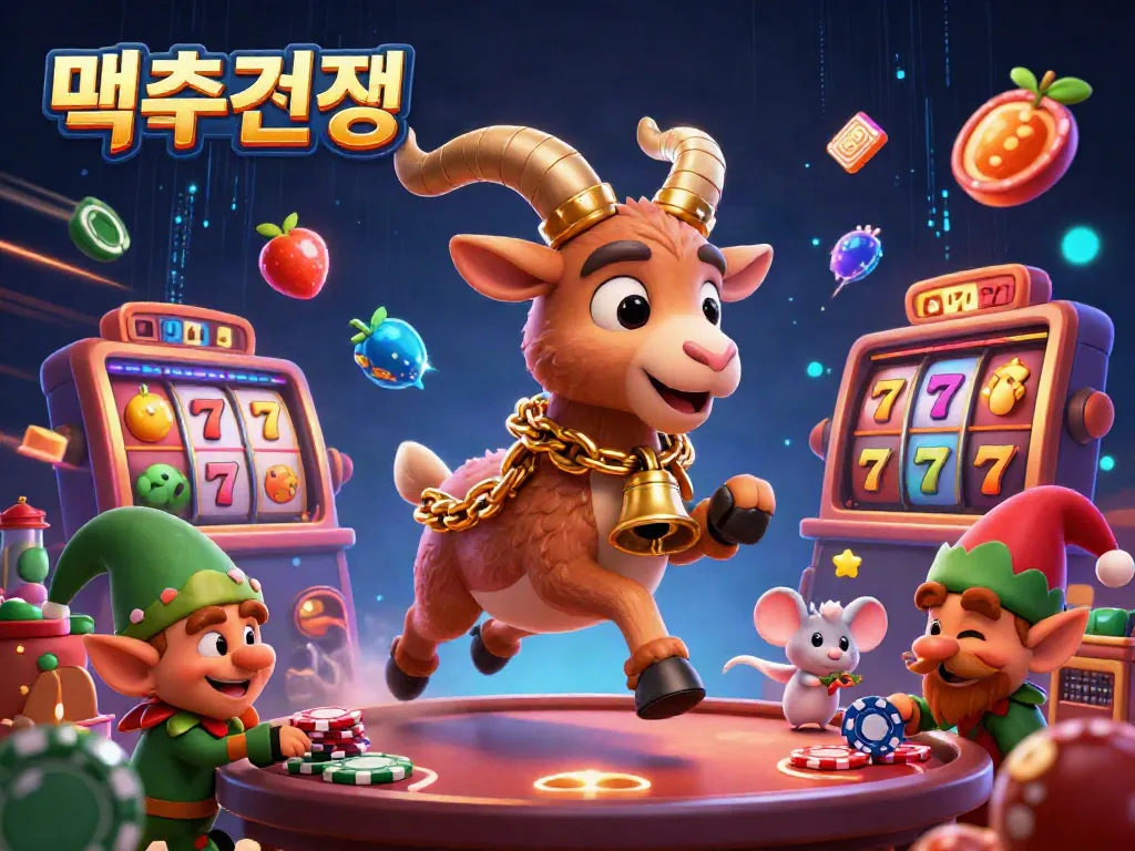 Delve into 먹튀검증 at a vibrant holiday-horror casino featuring a Krampus goat, angel mouse, and mischievous gremlins.