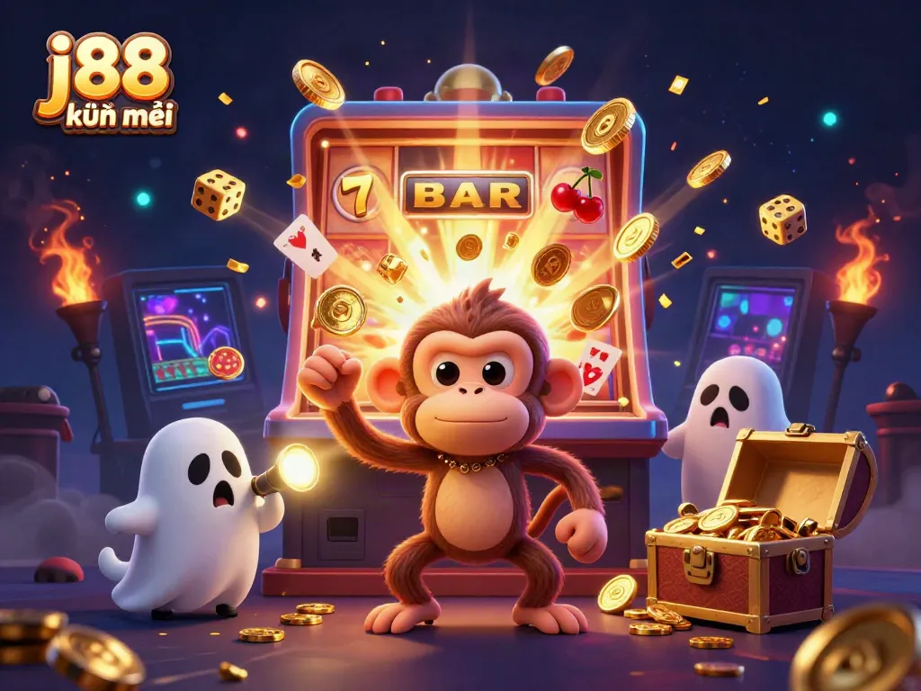 Engaging illustration showcasing j88 khuyến mãi with a mischievous monkey juggling casino objects in a vibrant casino.