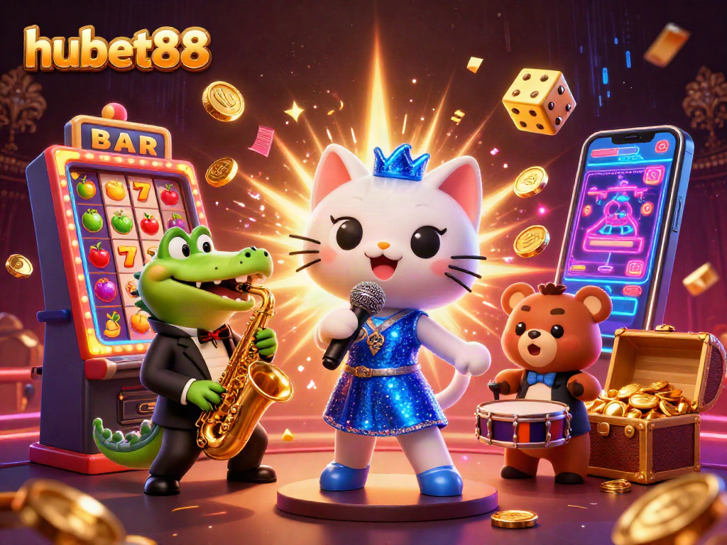 Experience thrilling wins at hubet88 with vibrant casino fun featuring a jazz-singer cat and colorful slot themes.