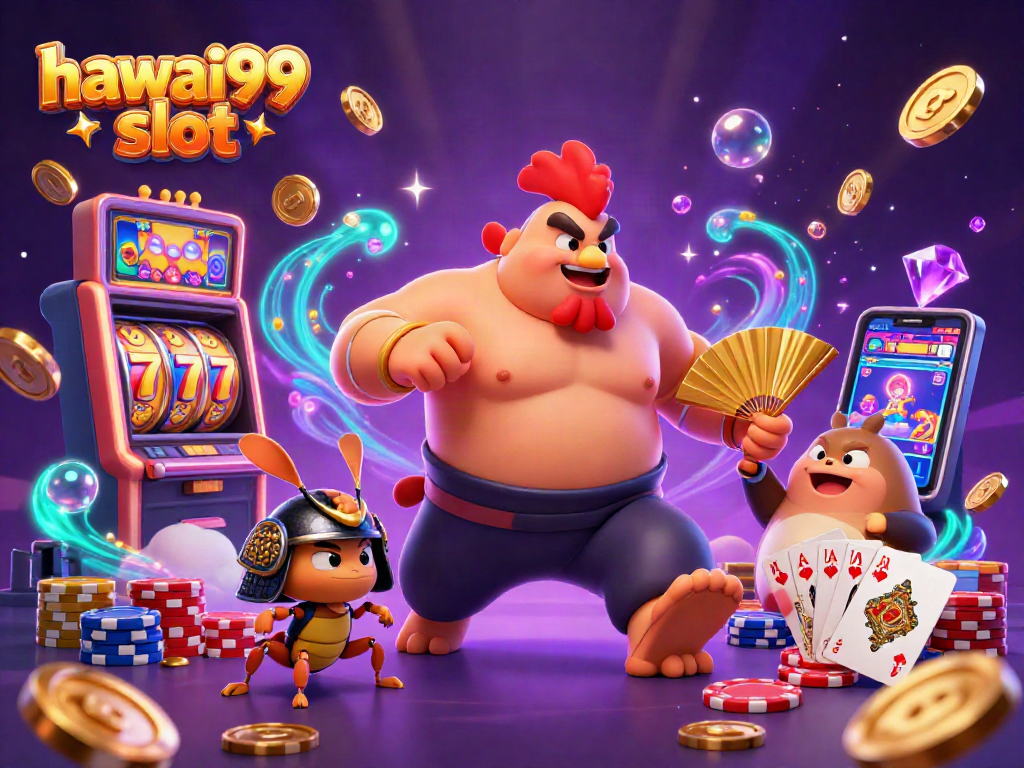 Explore thrilling hawai99 slot gameplay featuring a sumo wrestler rooster, samurai cricket, and tanuki announcer.