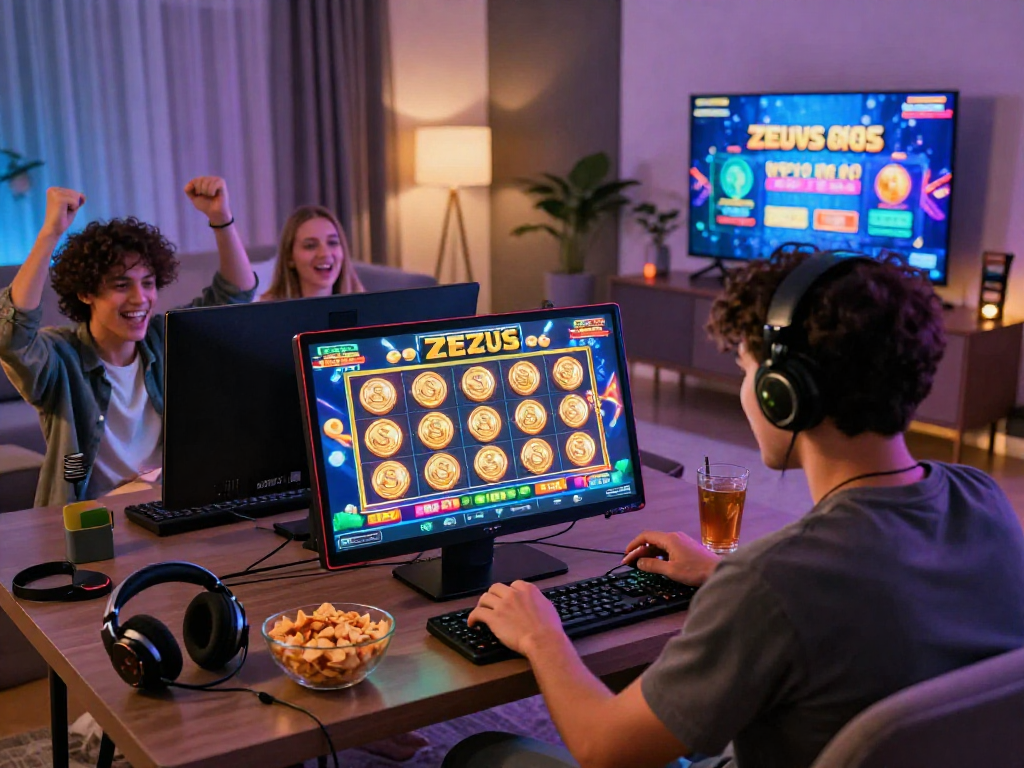 Exciting gameplay of slot machines featuring Zeus Slot 88 in a modern gaming setup, showcasing the thrill of online gambling.