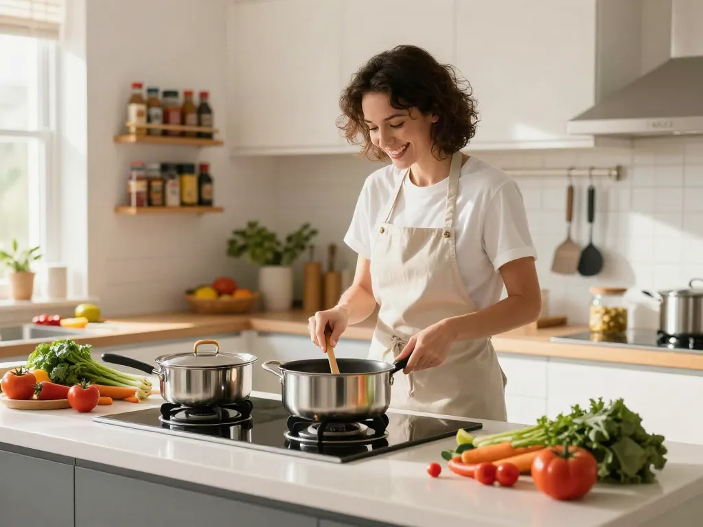 CookWare Price in Bangladesh showcased by home cook using vibrant cookware in a sunlit kitchen.