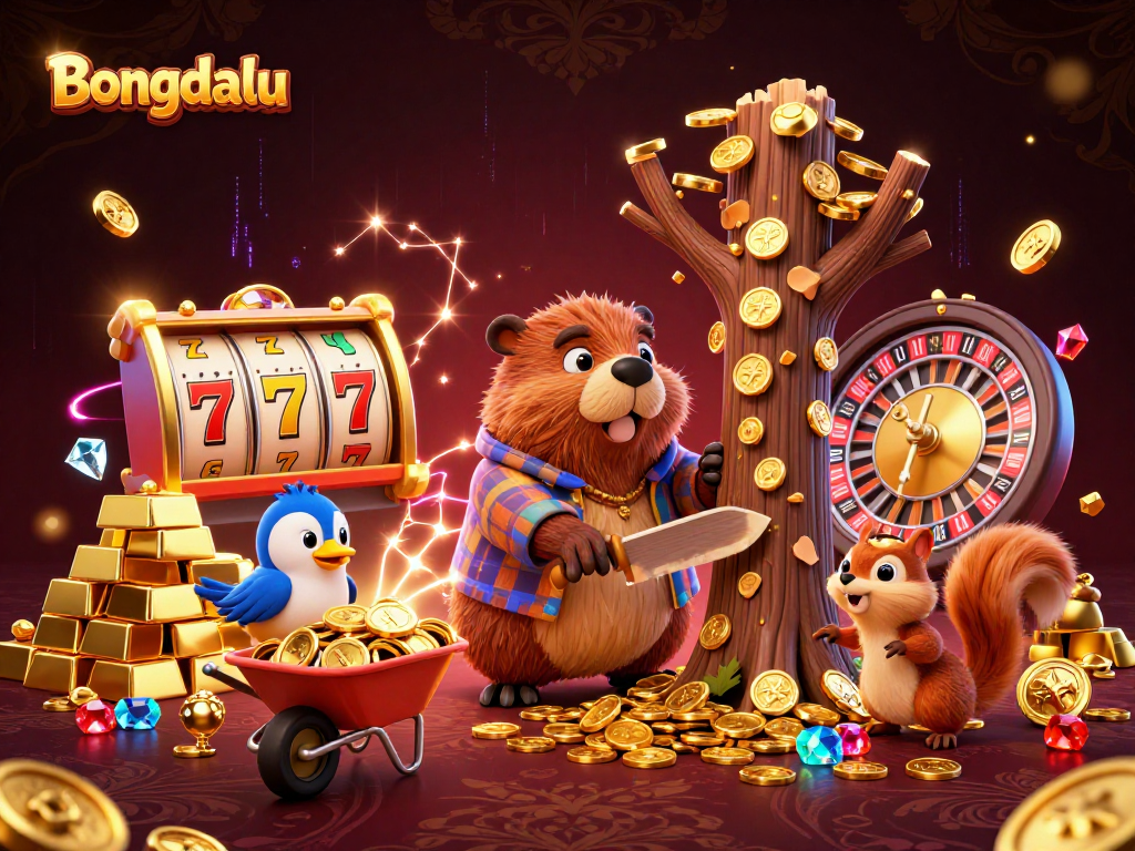 Bongdalu's lively casino scene showcases a beaver chopping a gold coin tree, enhancing the excitement of gaming