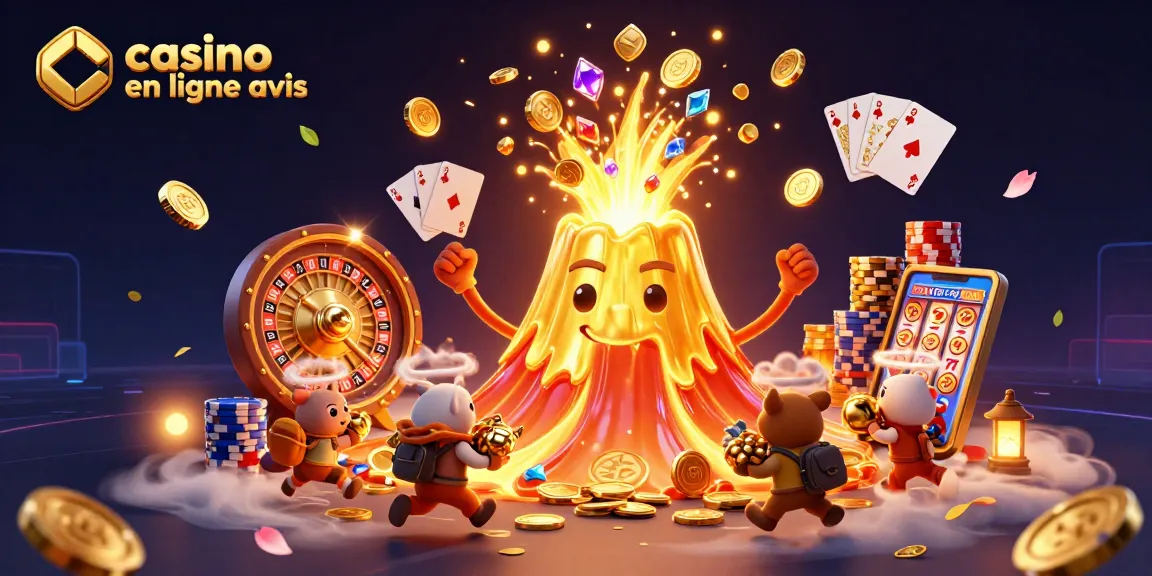 Illustration dynamique pour avis de casino en ligne mettant en scène un volcan doré et un déluge de pièces.