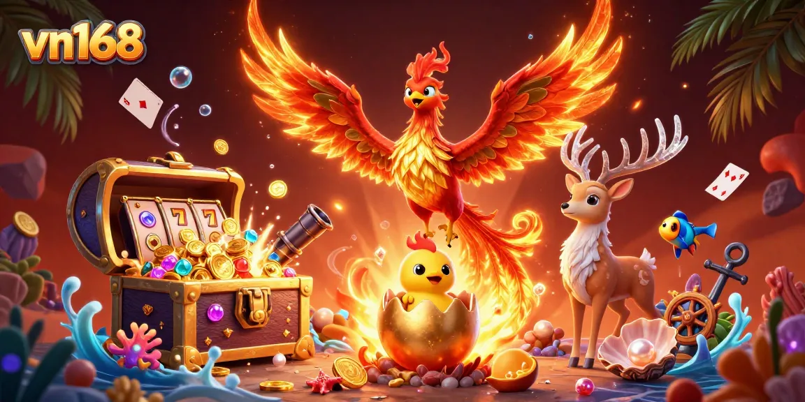 Experience thrilling slot action at VN168 with vibrant phoenix and jackpot treasures.